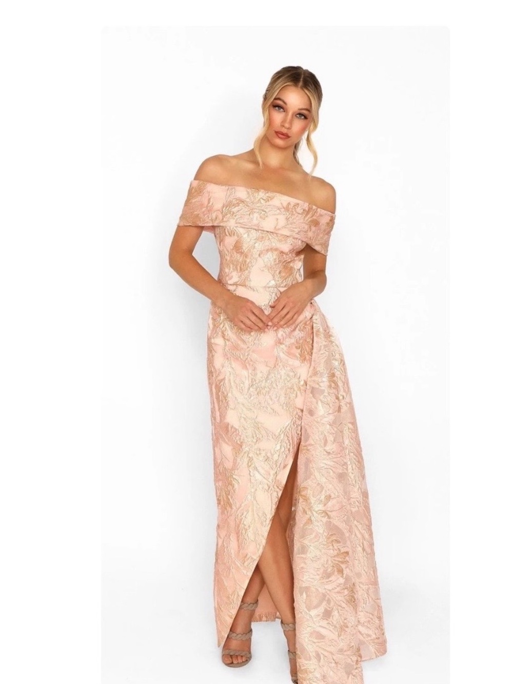 Nicole Bakti Blush Pink One-Shoulder Jacquard Evening Gown